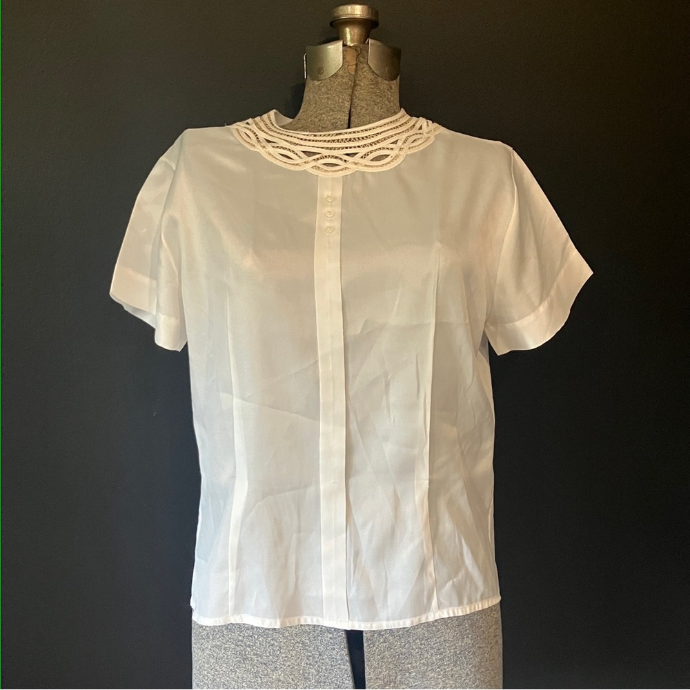 Damaged! Vintage Handmade White Satin Short Sleeve Shirt with Lace Collar